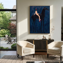 Red Hat Crosses Cobalt - black horse rider painting by Isabelle Laurent, modern Western vertical wall art – styled room scene view 2