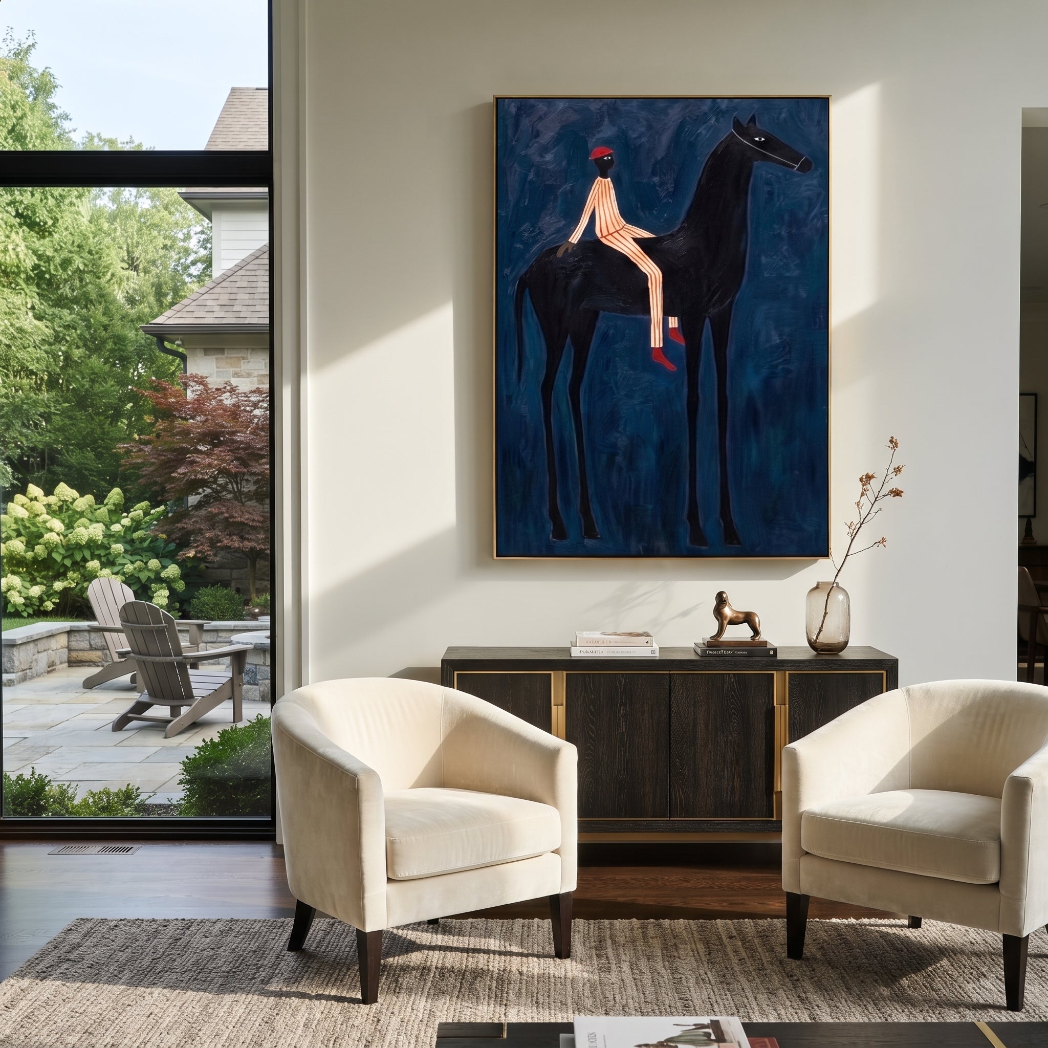 Red Hat Crosses Cobalt - black horse rider painting by Isabelle Laurent, modern Western vertical wall art – styled room scene view 2