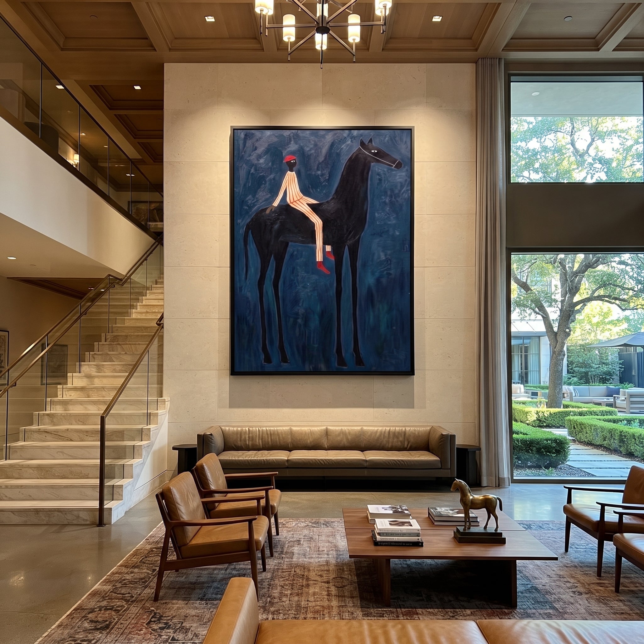 Red Hat Crosses Cobalt - black horse rider painting by Isabelle Laurent, modern Western vertical wall art – styled room scene view 3