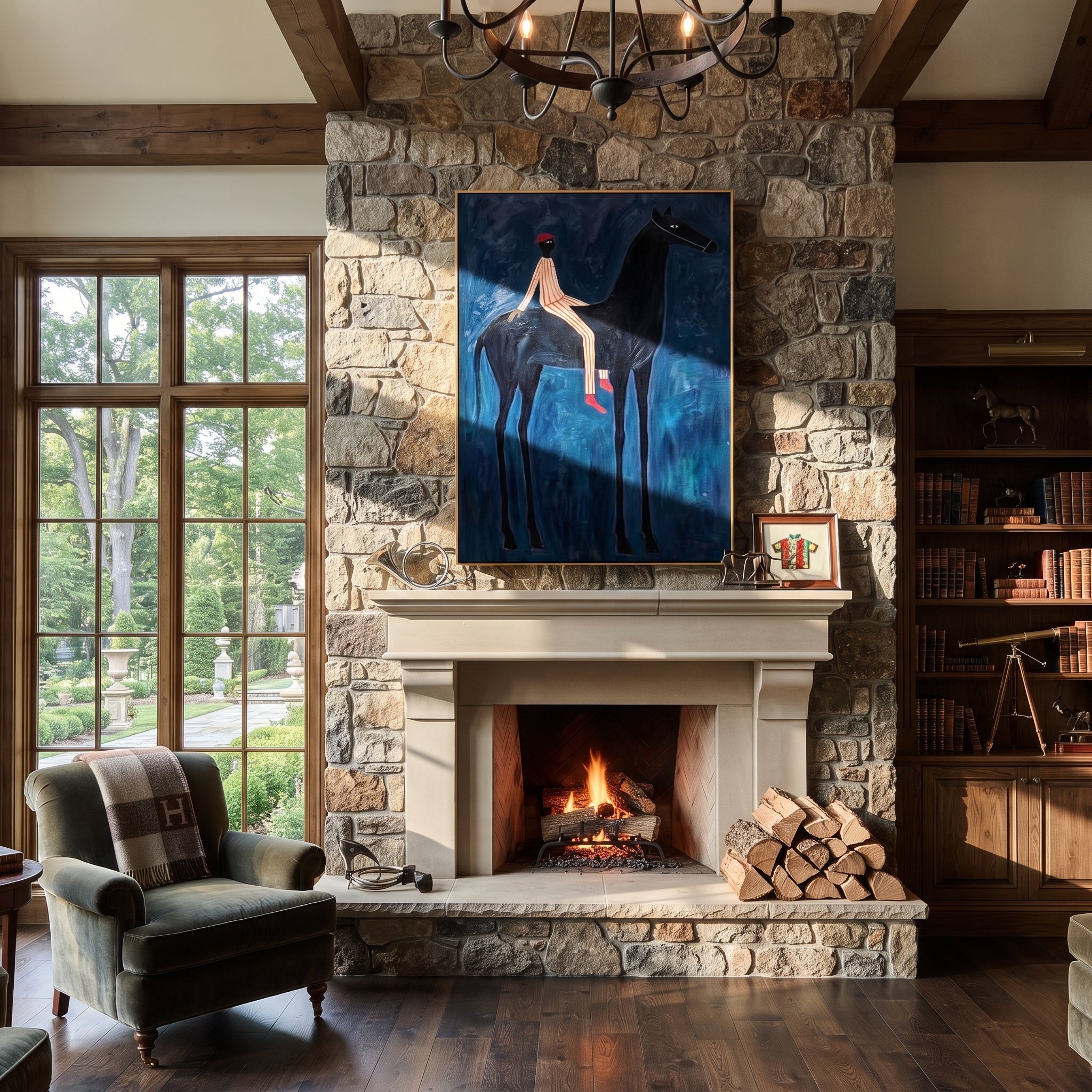 Red Hat Crosses Cobalt - black horse rider painting by Isabelle Laurent, modern Western vertical wall art – styled room scene view 4