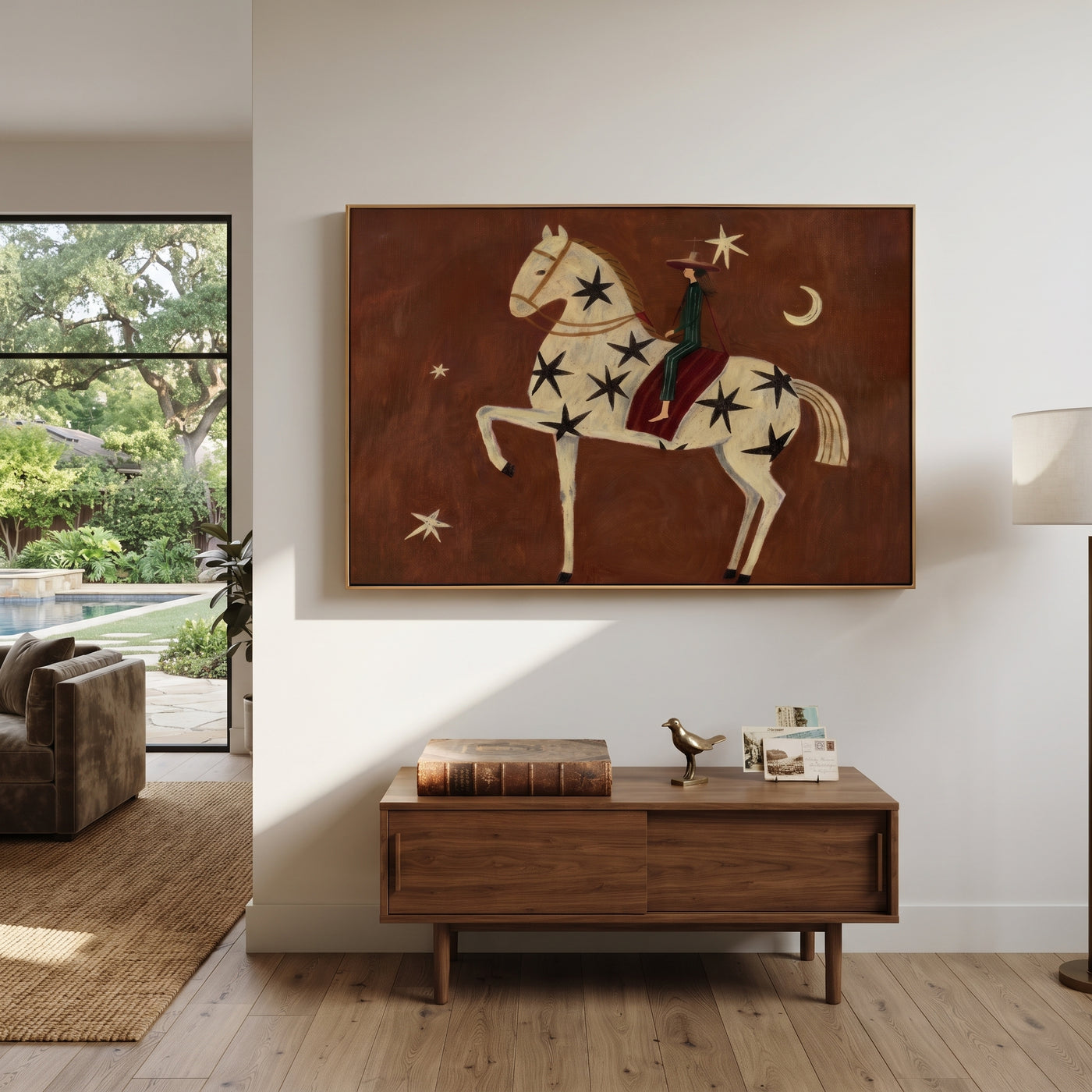 Star Horse Rises Moonward - celestial white horse painting by Isabelle Laurent, modern Western horizontal wall art – styled room scene view 1