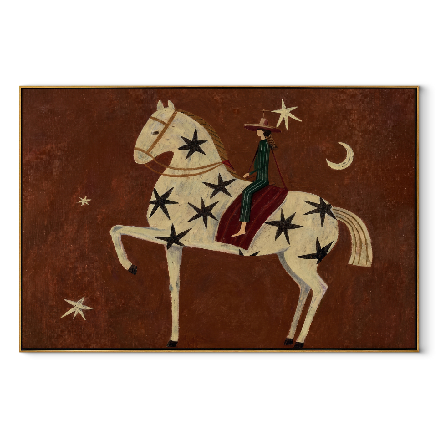 Star Horse Rises Moonward - celestial white horse painting by Isabelle Laurent, modern Western horizontal wall art – wood frame on white background