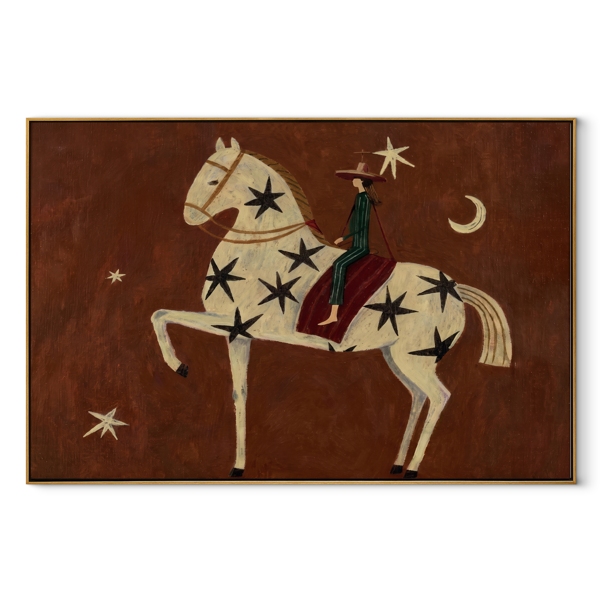 Star Horse Rises Moonward - celestial white horse painting by Isabelle Laurent, modern Western horizontal wall art – wood frame on white background
