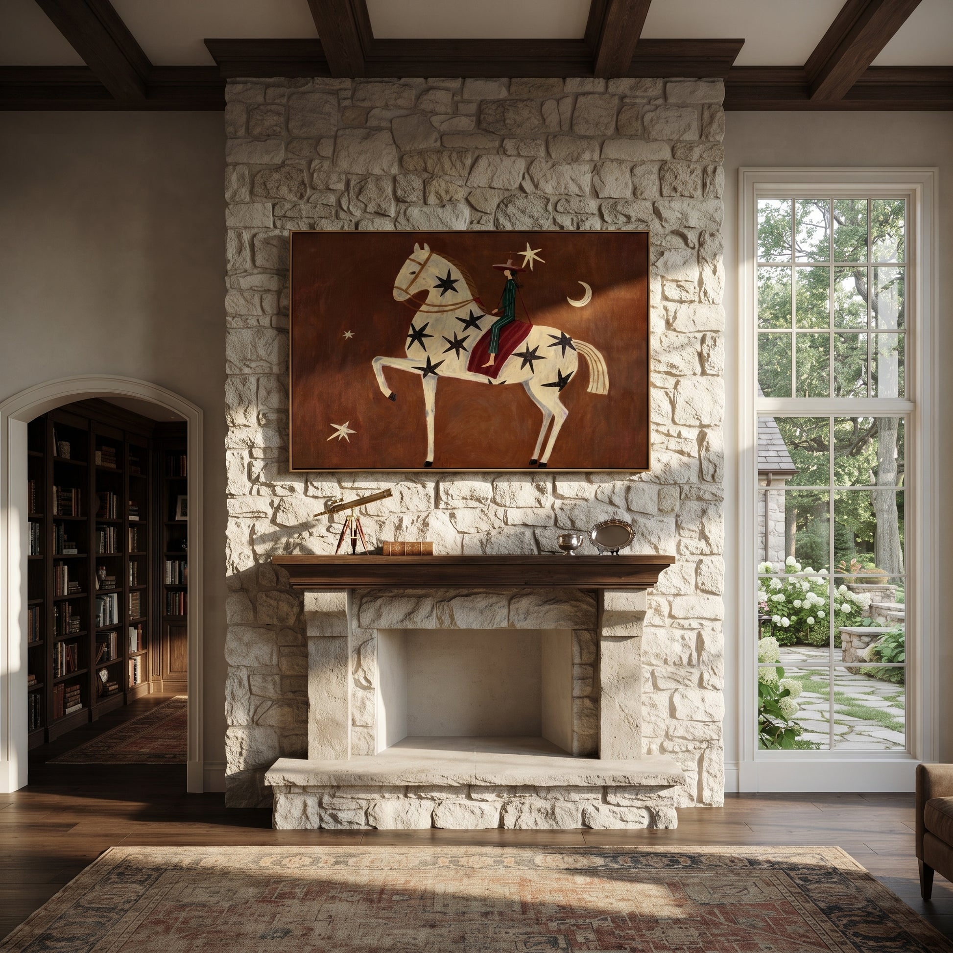Star Horse Rises Moonward - celestial white horse painting by Isabelle Laurent, modern Western horizontal wall art – styled room scene view 2