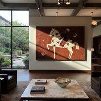 Star Horse Rises Moonward - celestial white horse painting by Isabelle Laurent, modern Western horizontal wall art – styled room scene view 3
