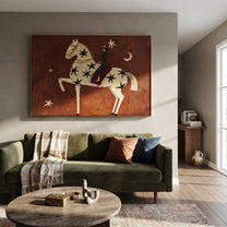 Star Horse Rises Moonward - celestial white horse painting by Isabelle Laurent, modern Western horizontal wall art – styled room scene view 4