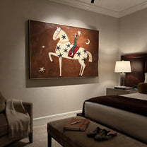 Star Horse Rises Moonward - celestial white horse painting by Isabelle Laurent, modern Western horizontal wall art – styled room scene view 5