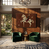 Star Horse Rises Moonward - celestial white horse painting by Isabelle Laurent, modern Western horizontal wall art – styled room scene view 6
