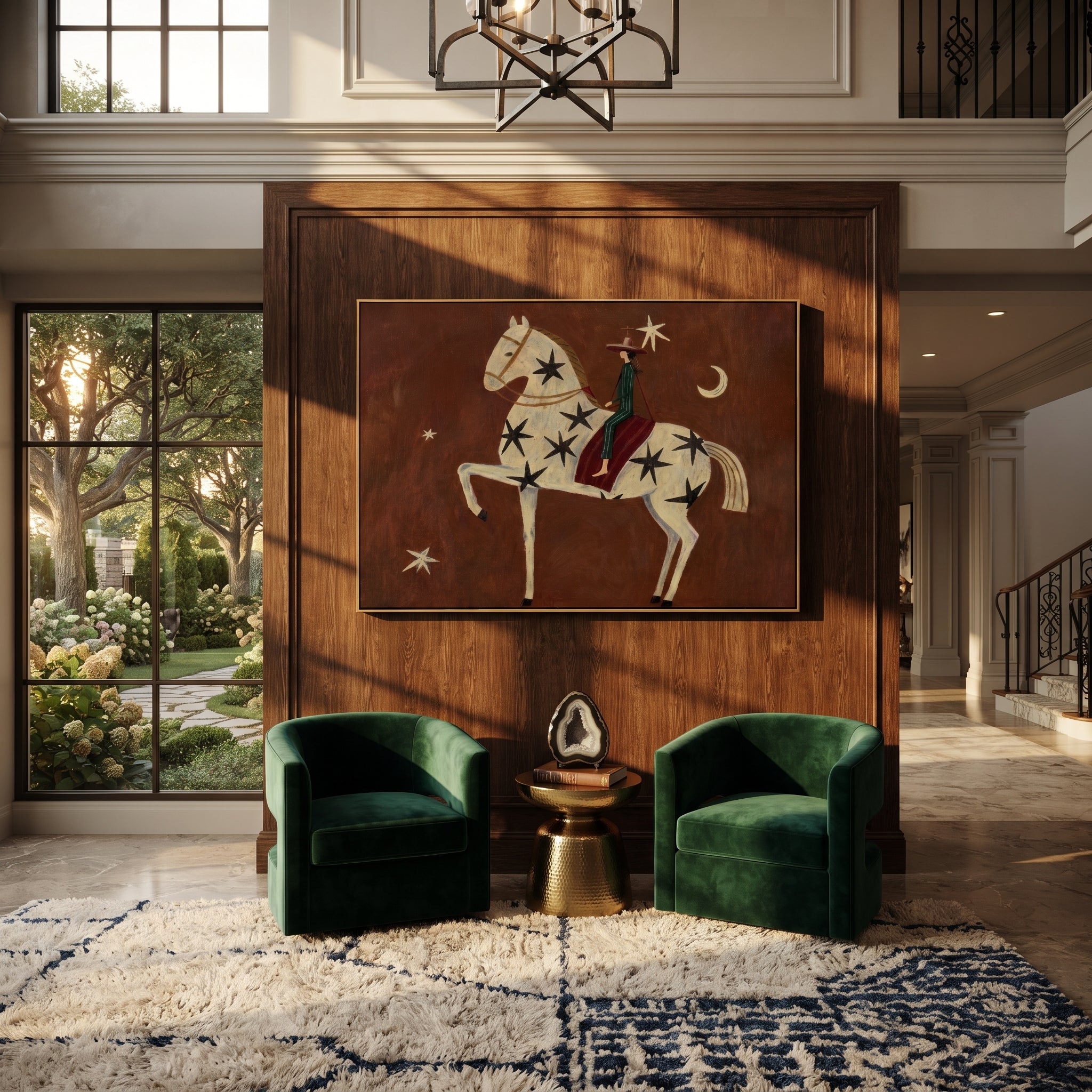 Star Horse Rises Moonward - celestial white horse painting by Isabelle Laurent, modern Western horizontal wall art – styled room scene view 6