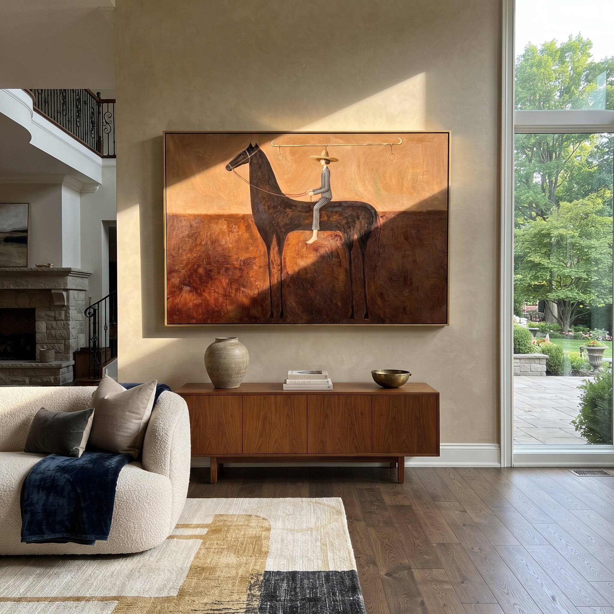 Long Reins Hold Earth - black horse rider painting by Isabelle Laurent, modern Western horizontal wall art – styled room scene view 1