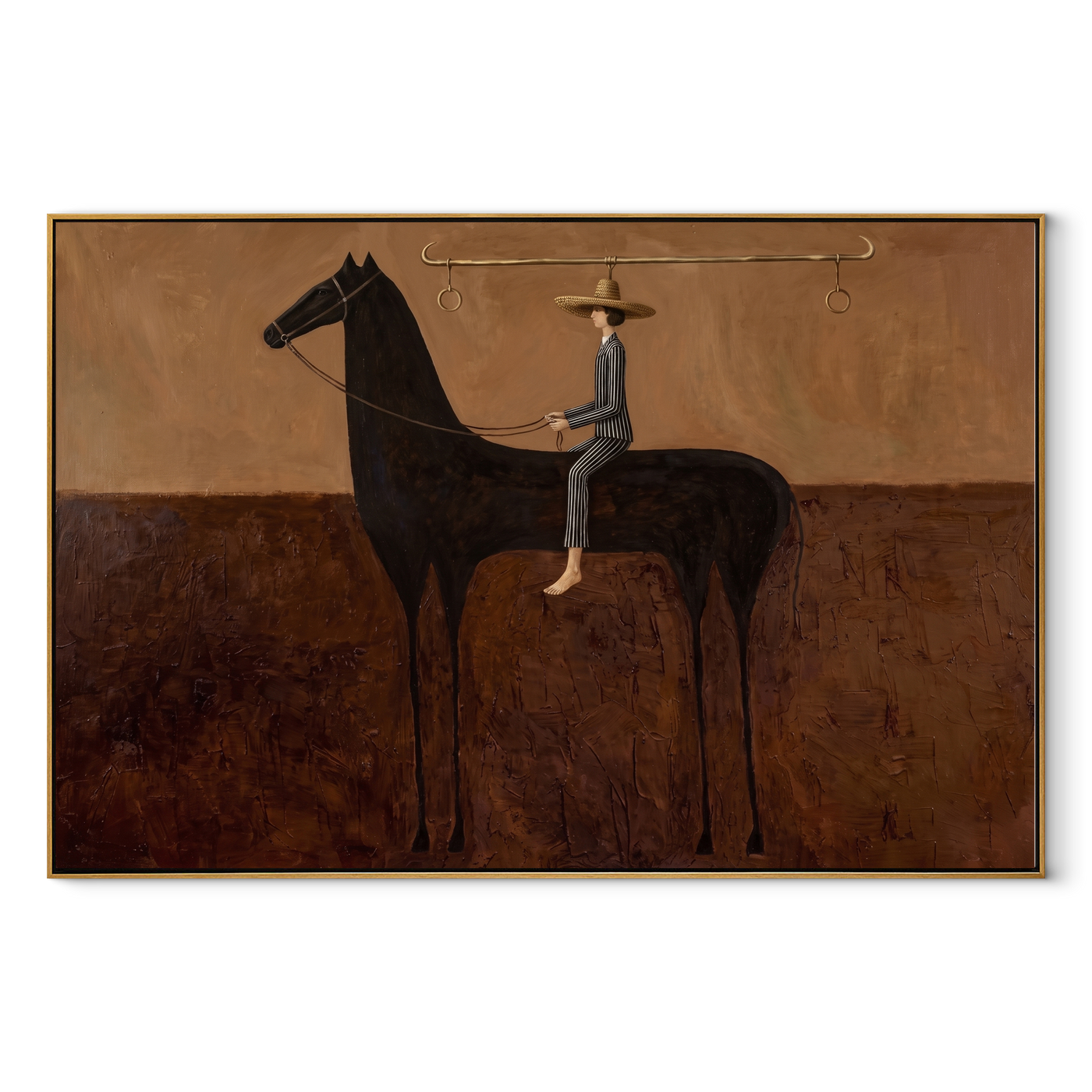 Long Reins Hold Earth - black horse rider painting by Isabelle Laurent, modern Western horizontal wall art – wood frame on white background