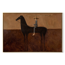 Long Reins Hold Earth - black horse rider painting by Isabelle Laurent, modern Western horizontal wall art – wood frame on white background