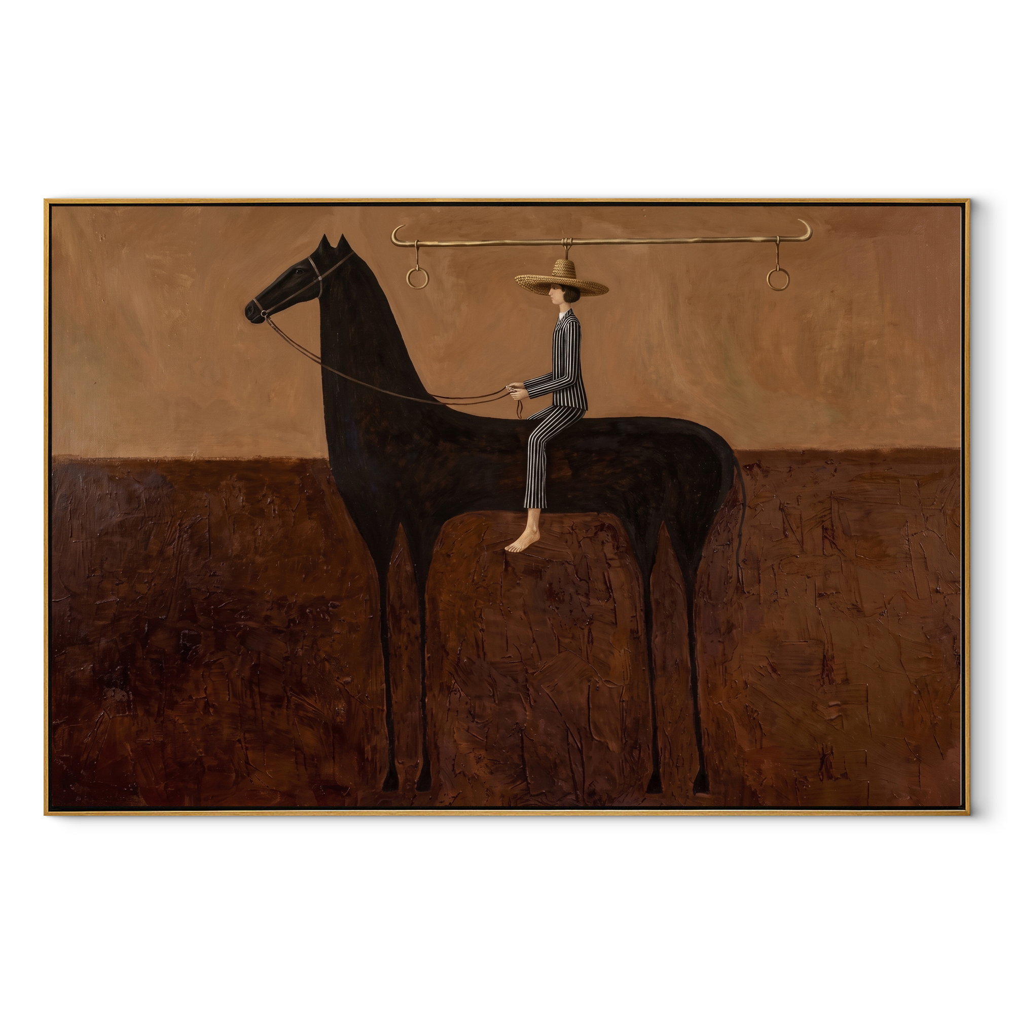 Long Reins Hold Earth - black horse rider painting by Isabelle Laurent, modern Western horizontal wall art – wood frame on white background