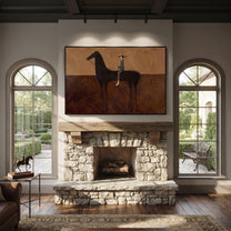 Long Reins Hold Earth - black horse rider painting by Isabelle Laurent, modern Western horizontal wall art – styled room scene view 2