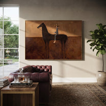 Long Reins Hold Earth - black horse rider painting by Isabelle Laurent, modern Western horizontal wall art – styled room scene view 3