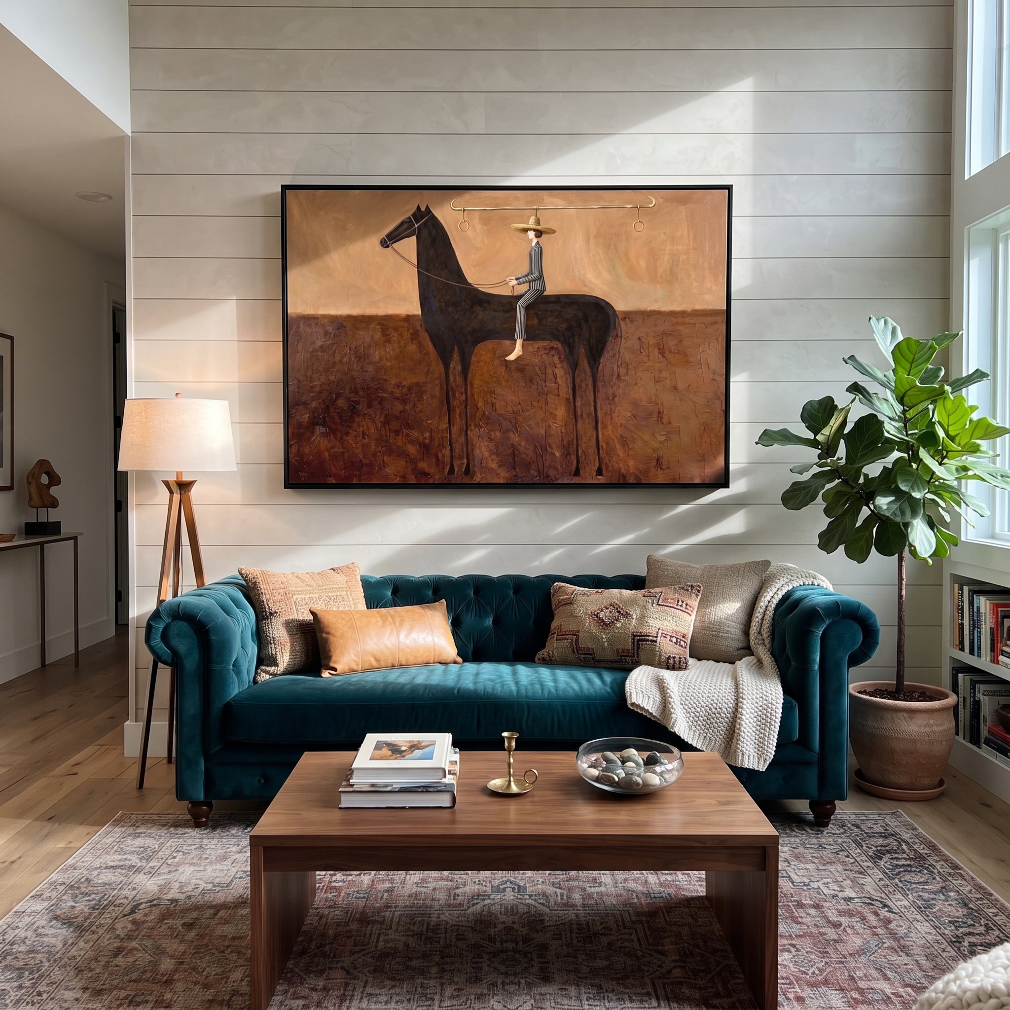 Long Reins Hold Earth - black horse rider painting by Isabelle Laurent, modern Western horizontal wall art – styled room scene view 4