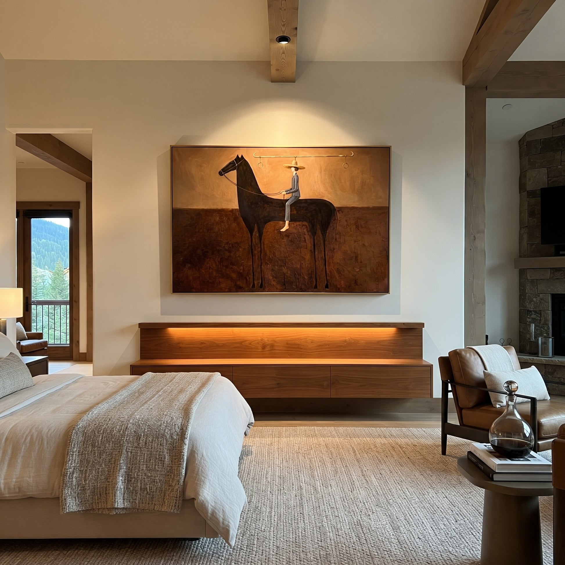 Long Reins Hold Earth - black horse rider painting by Isabelle Laurent, modern Western horizontal wall art – styled room scene view 5