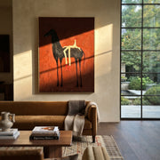 Ember Horse Bears Stripes - reclining rider horse painting by Isabelle Laurent, modern Western vertical wall art – styled room scene view 1