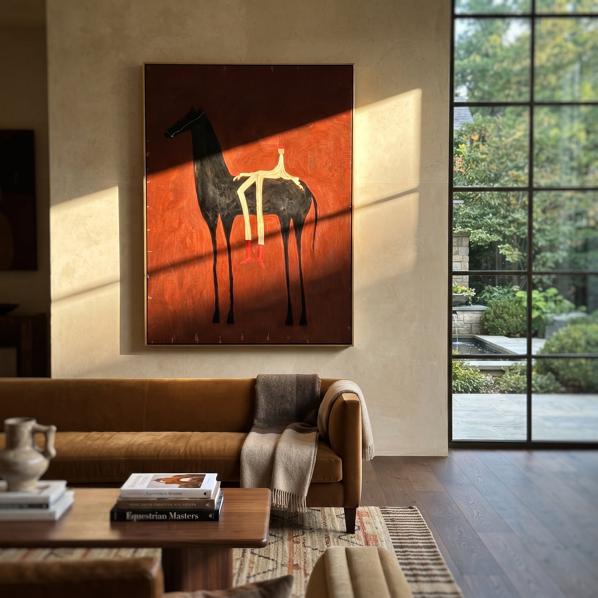 Ember Horse Bears Stripes - reclining rider horse painting by Isabelle Laurent, modern Western vertical wall art – styled room scene view 1