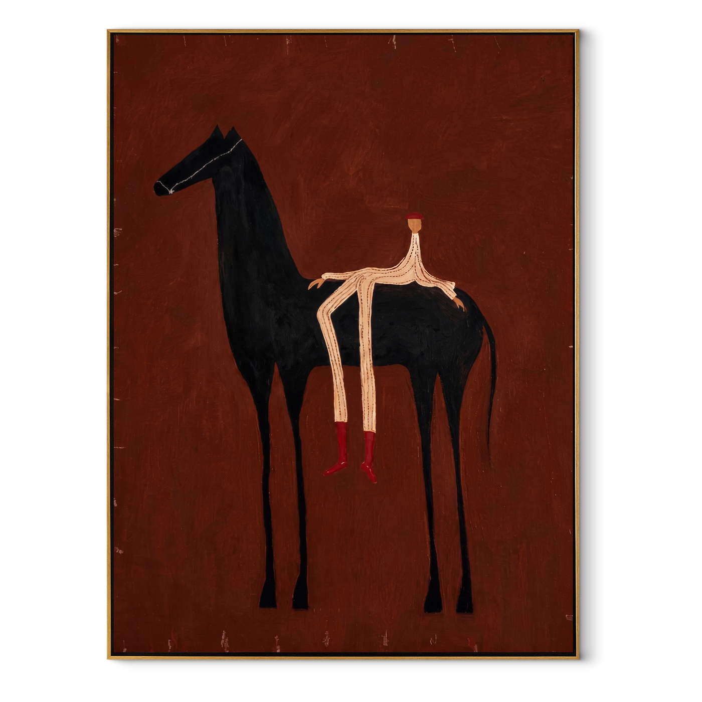 Ember Horse Bears Stripes - reclining rider horse painting by Isabelle Laurent, modern Western vertical wall art – wood frame on white background