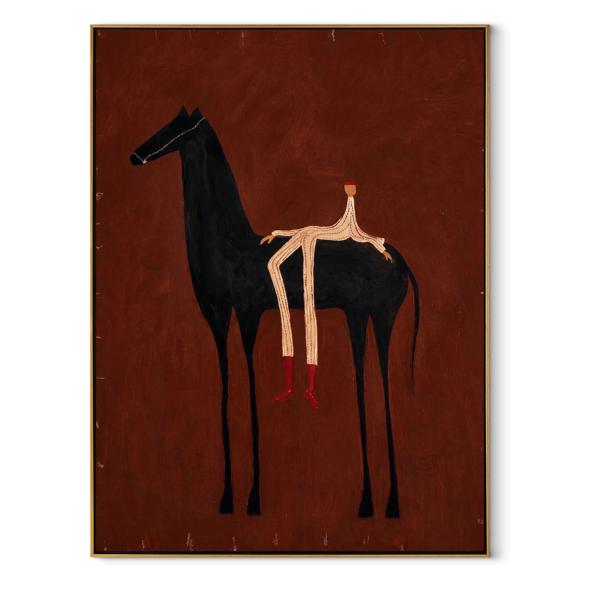 Ember Horse Bears Stripes - reclining rider horse painting by Isabelle Laurent, modern Western vertical wall art – wood frame on white background