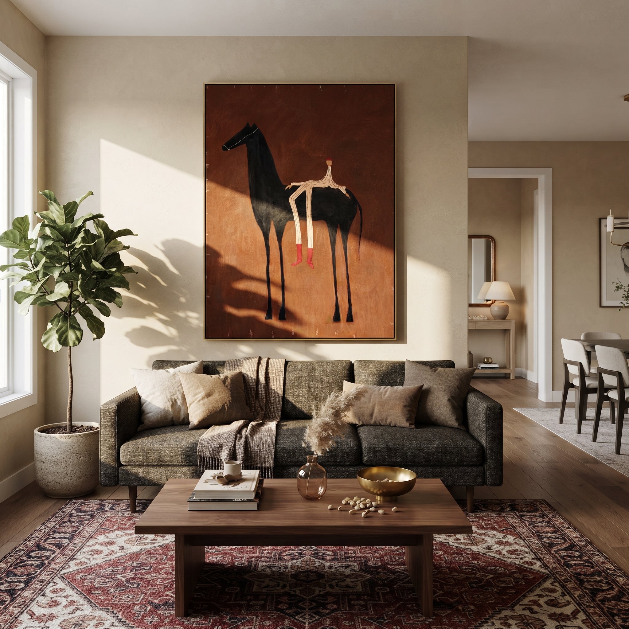 Ember Horse Bears Stripes - reclining rider horse painting by Isabelle Laurent, modern Western vertical wall art – styled room scene view 2