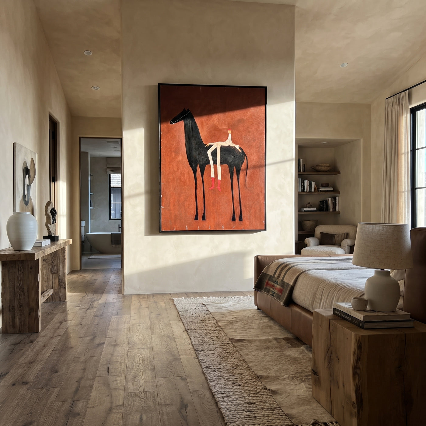 Ember Horse Bears Stripes - reclining rider horse painting by Isabelle Laurent, modern Western vertical wall art – styled room scene view 3