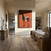Ember Horse Bears Stripes - reclining rider horse painting by Isabelle Laurent, modern Western vertical wall art – styled room scene view 3