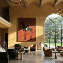Ember Horse Bears Stripes - reclining rider horse painting by Isabelle Laurent, modern Western vertical wall art – styled room scene view 4