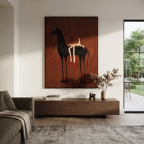 Ember Horse Bears Stripes - reclining rider horse painting by Isabelle Laurent, modern Western vertical wall art – styled room scene view 5