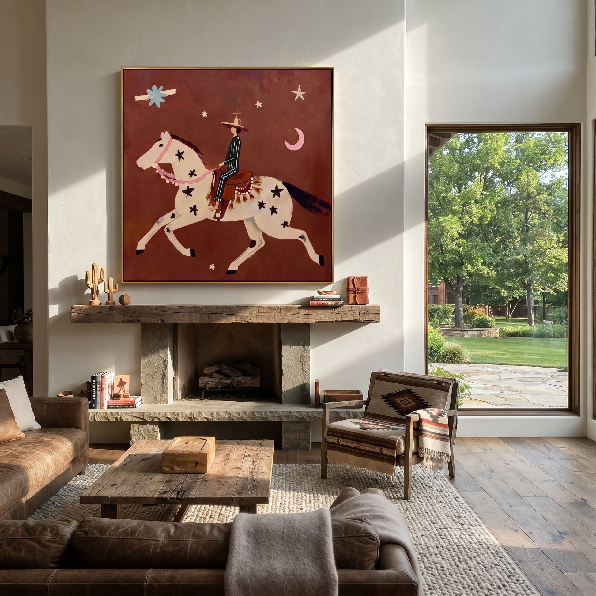 Star Horse Chases Crescent - celestial horse rider painting by Isabelle Laurent, modern Western square wall art – styled room scene view 1