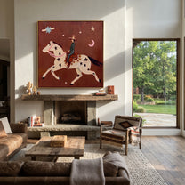 Star Horse Chases Crescent - celestial horse rider painting by Isabelle Laurent, modern Western square wall art – styled room scene view 1