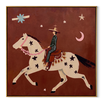 Star Horse Chases Crescent - celestial horse rider painting by Isabelle Laurent, modern Western square wall art – wood frame on white background