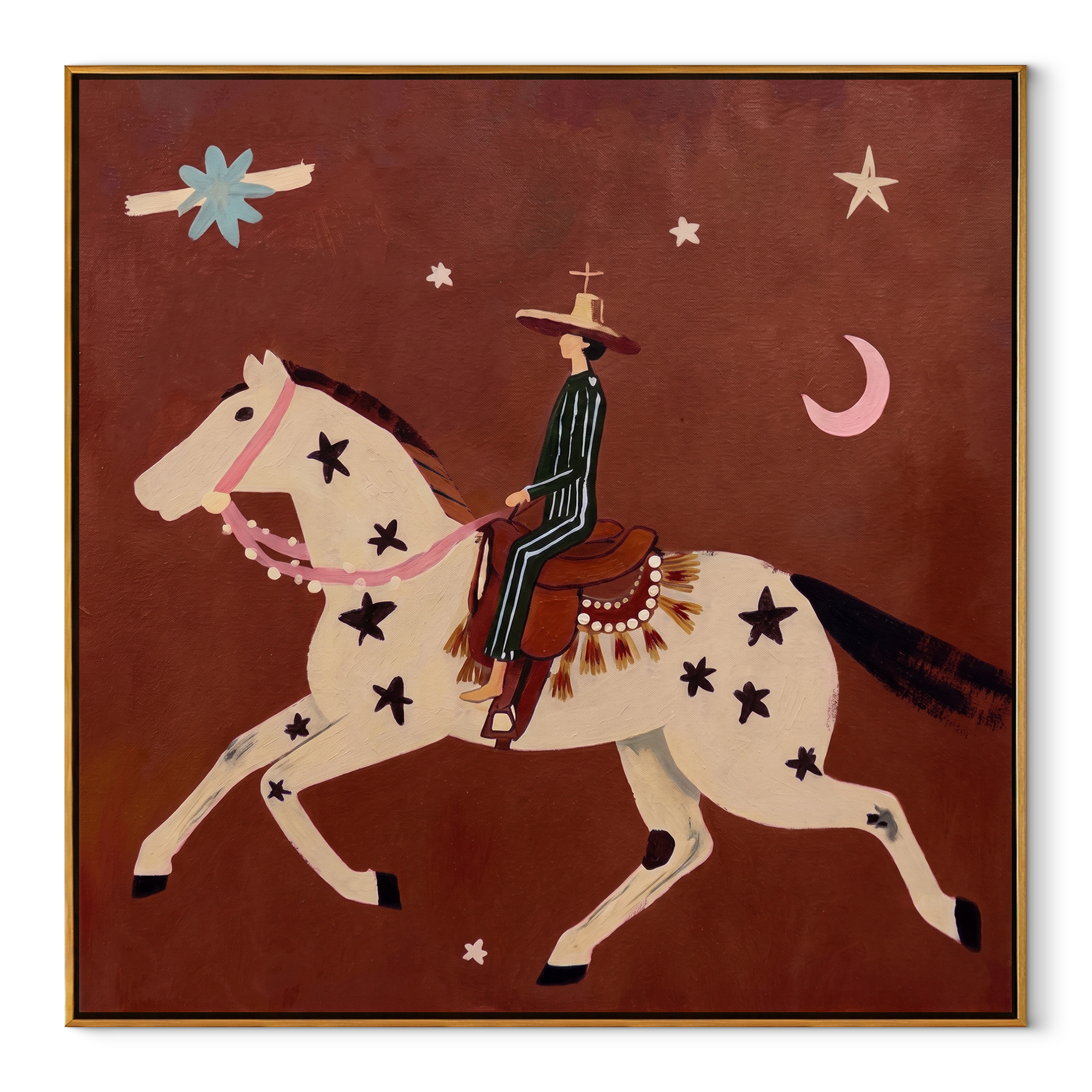 Star Horse Chases Crescent - celestial horse rider painting by Isabelle Laurent, modern Western square wall art – wood frame on white background