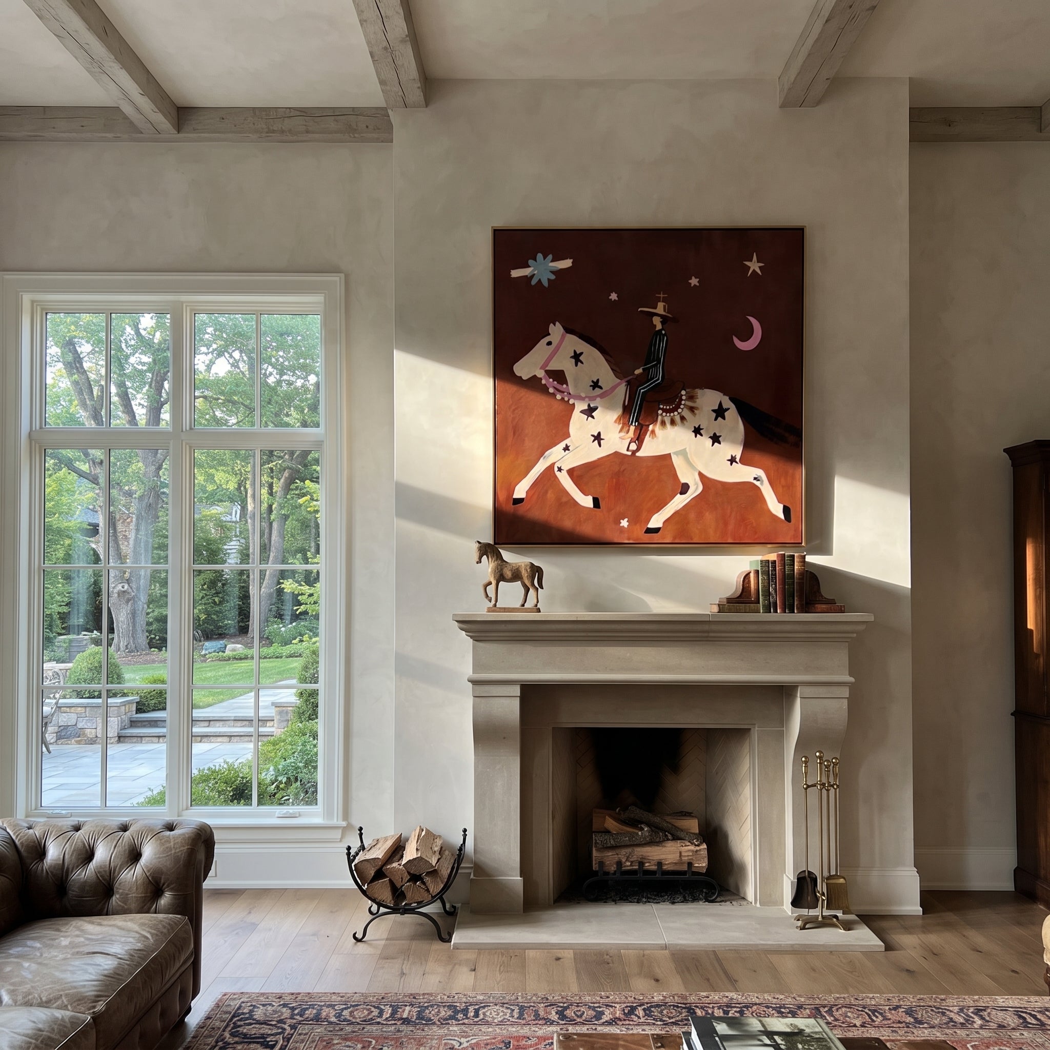 Star Horse Chases Crescent - celestial horse rider painting by Isabelle Laurent, modern Western square wall art – styled room scene view 2