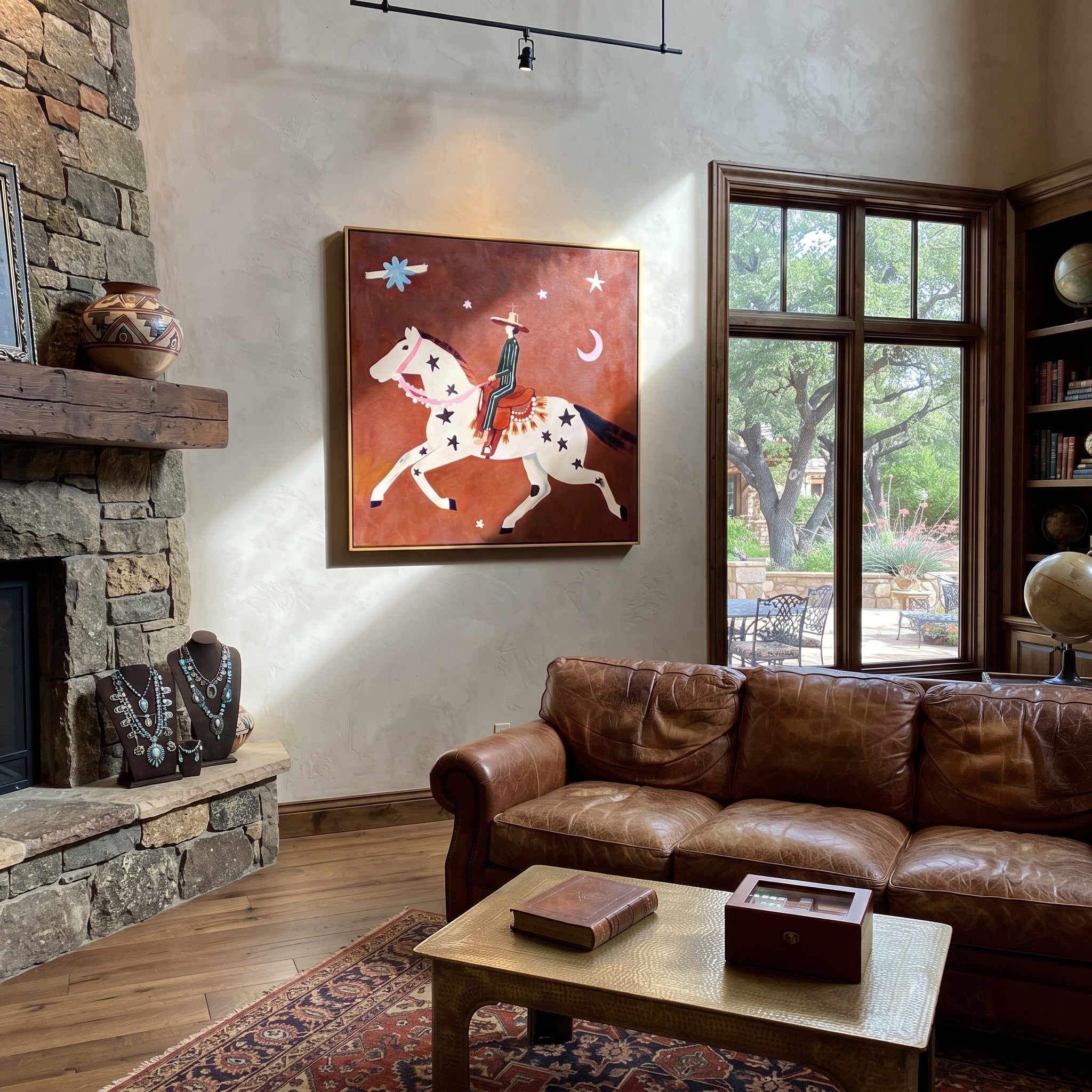 Star Horse Chases Crescent - celestial horse rider painting by Isabelle Laurent, modern Western square wall art – styled room scene view 3