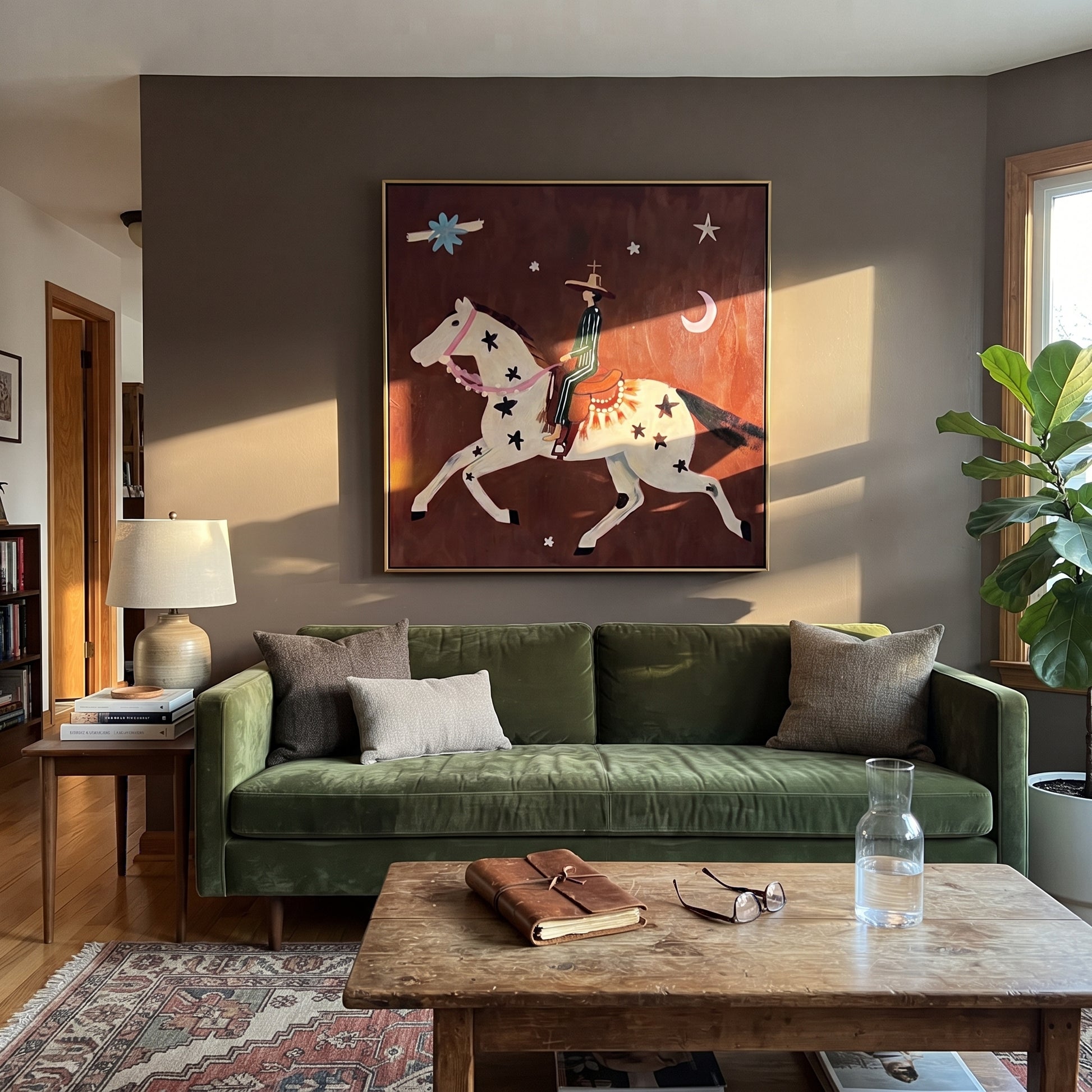 Star Horse Chases Crescent - celestial horse rider painting by Isabelle Laurent, modern Western square wall art – styled room scene view 4