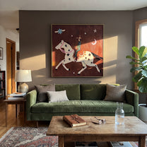 Star Horse Chases Crescent - celestial horse rider painting by Isabelle Laurent, modern Western square wall art – styled room scene view 4