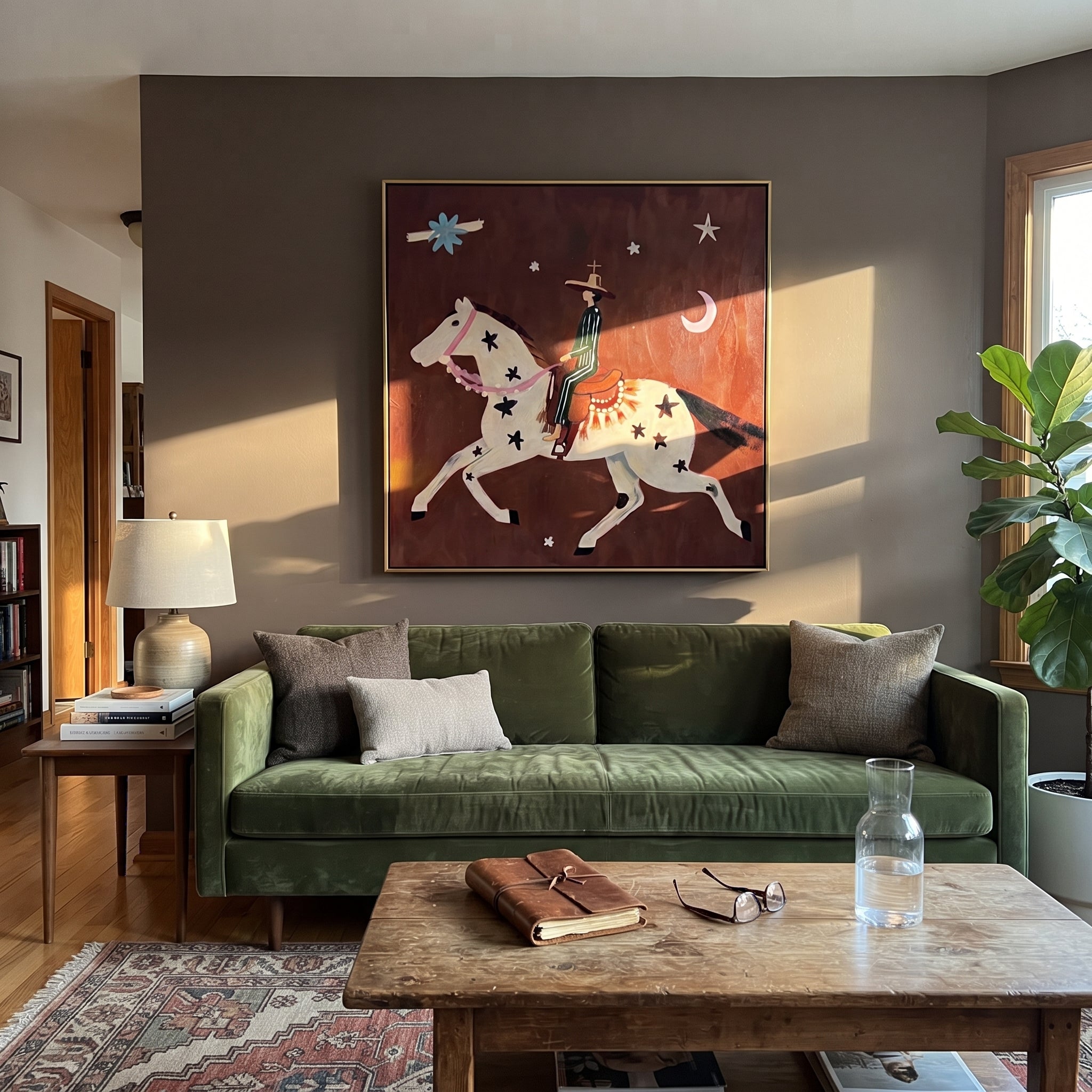 Star Horse Chases Crescent - celestial horse rider painting by Isabelle Laurent, modern Western square wall art – styled room scene view 4