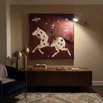 Star Horse Chases Crescent - celestial horse rider painting by Isabelle Laurent, modern Western square wall art – styled room scene view 5