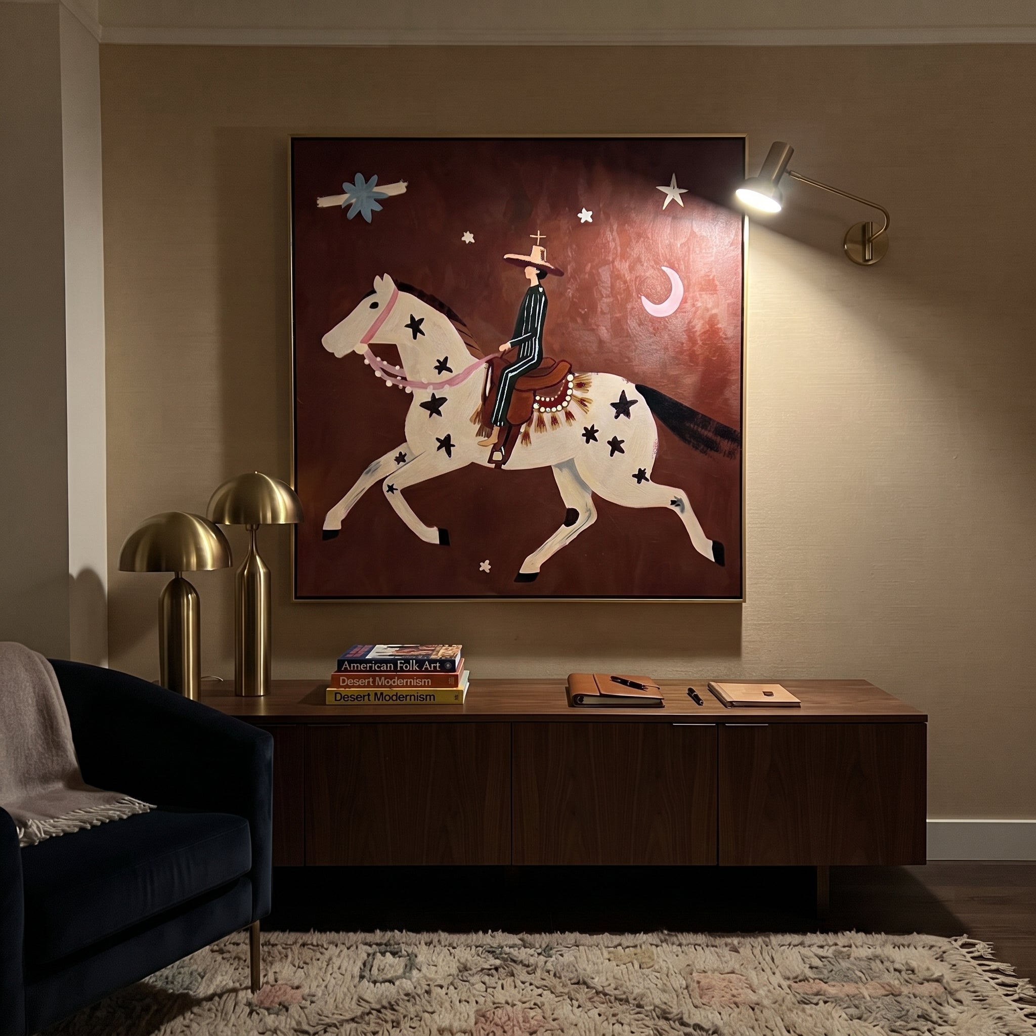 Star Horse Chases Crescent - celestial horse rider painting by Isabelle Laurent, modern Western square wall art – styled room scene view 5