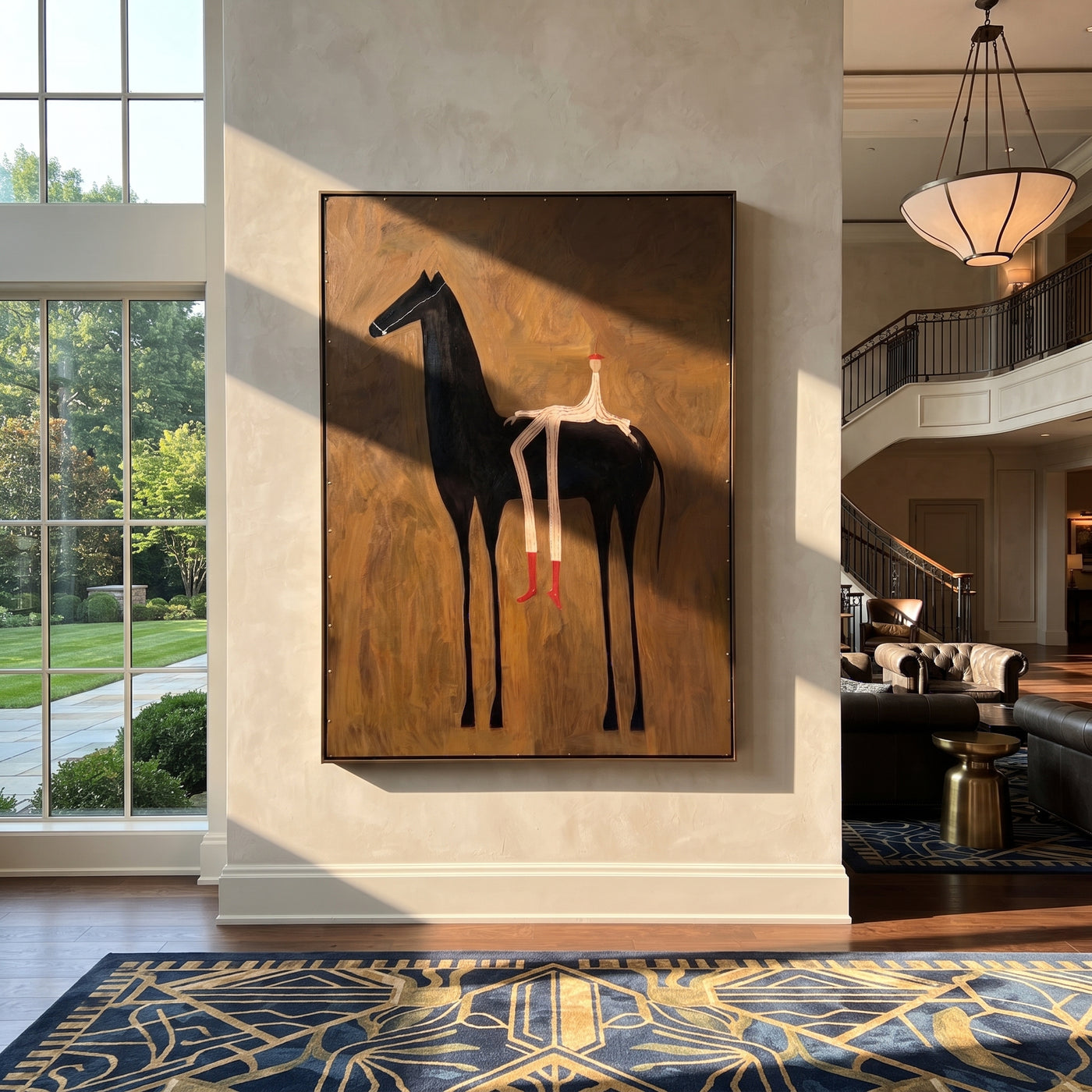 Long Legs Rest Midnight - reclining rider horse painting by Isabelle Laurent, modern Western vertical wall art – styled room scene view 1