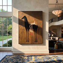 Long Legs Rest Midnight - reclining rider horse painting by Isabelle Laurent, modern Western vertical wall art – styled room scene view 1