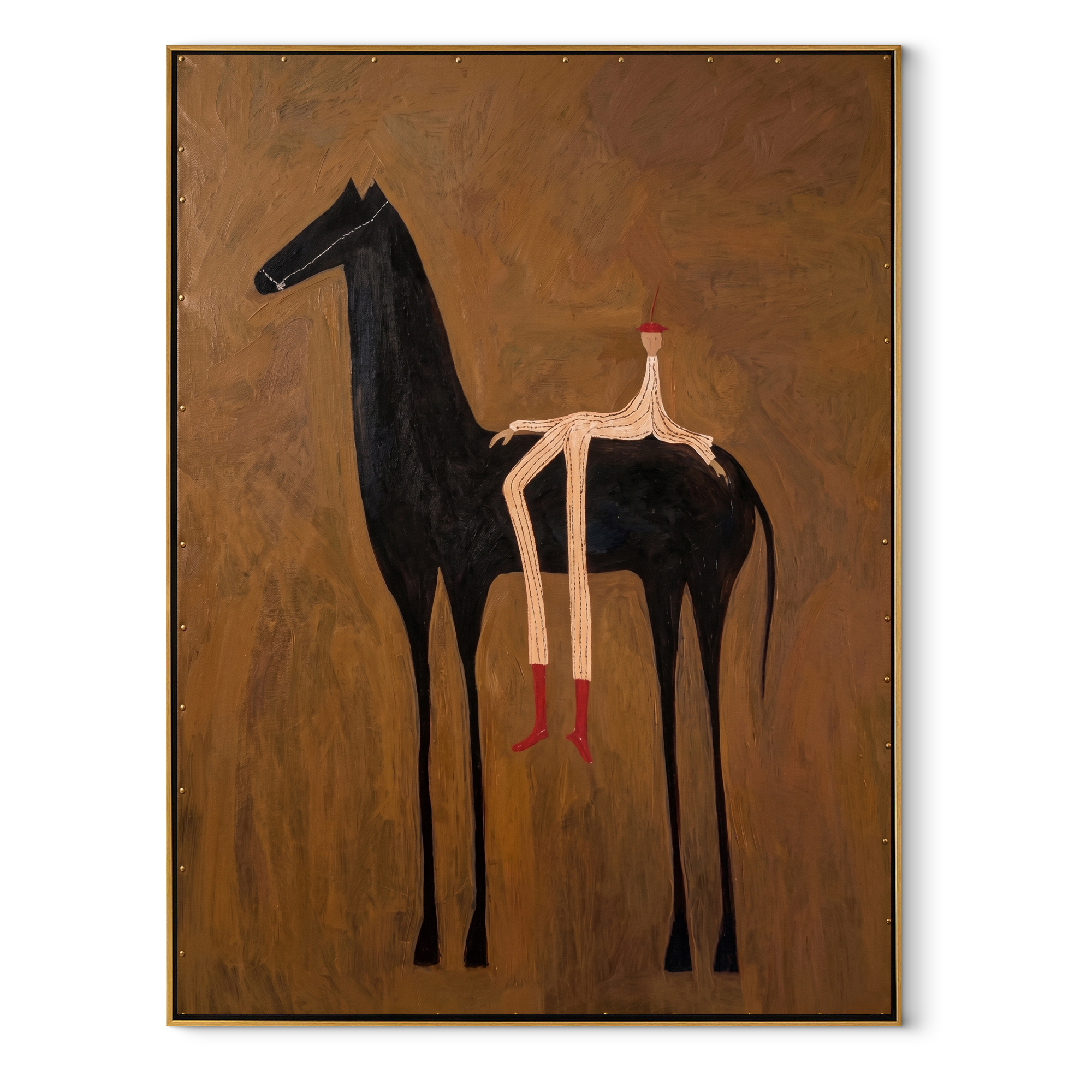 Long Legs Rest Midnight - reclining rider horse painting by Isabelle Laurent, modern Western vertical wall art – wood frame on white background