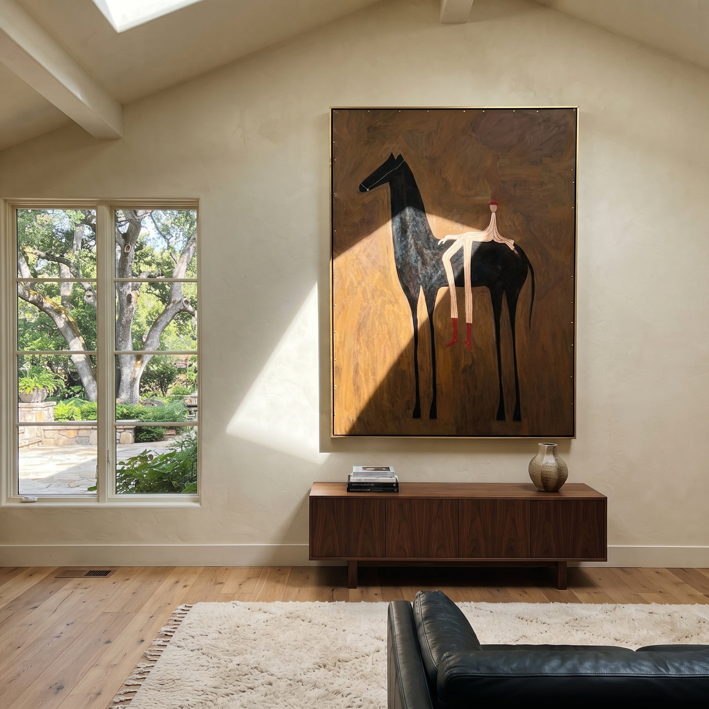 Long Legs Rest Midnight - reclining rider horse painting by Isabelle Laurent, modern Western vertical wall art – styled room scene view 2