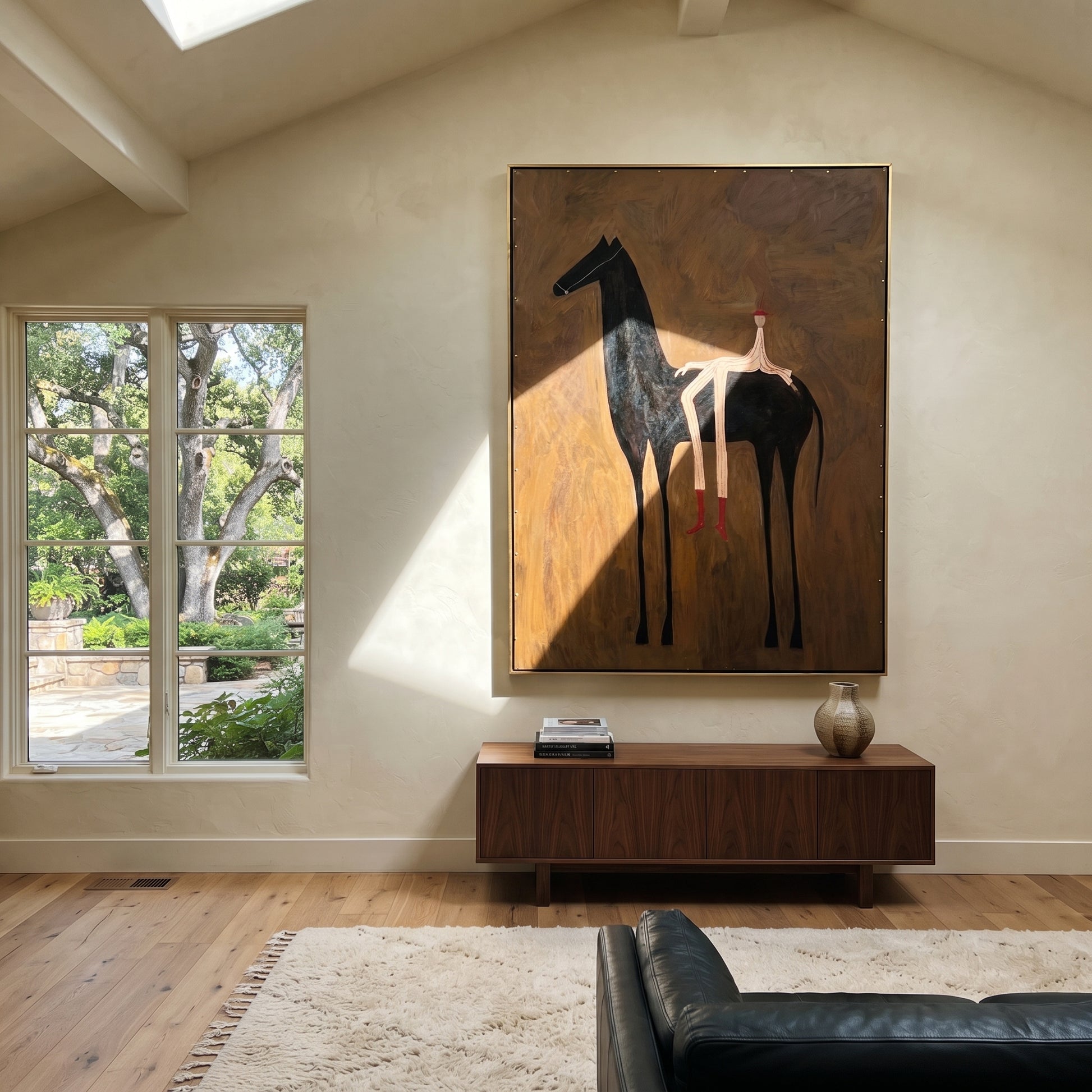 Long Legs Rest Midnight - reclining rider horse painting by Isabelle Laurent, modern Western vertical wall art – styled room scene view 2