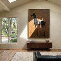 Long Legs Rest Midnight - reclining rider horse painting by Isabelle Laurent, modern Western vertical wall art – styled room scene view 2