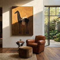 Long Legs Rest Midnight - reclining rider horse painting by Isabelle Laurent, modern Western vertical wall art – styled room scene view 3