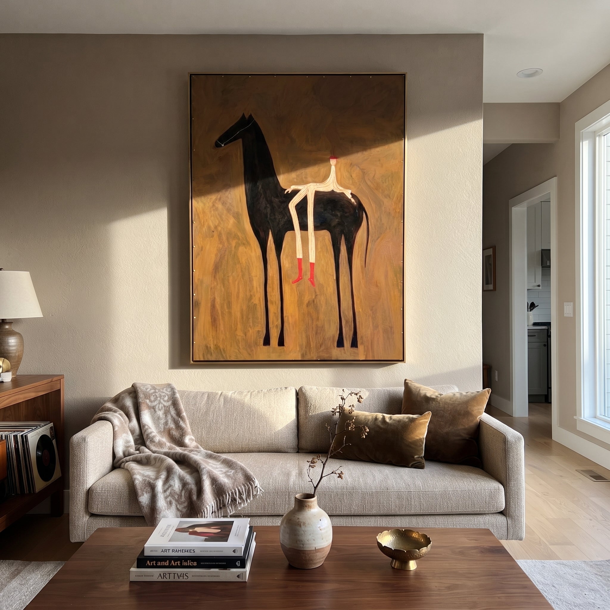 Long Legs Rest Midnight - reclining rider horse painting by Isabelle Laurent, modern Western vertical wall art – styled room scene view 4