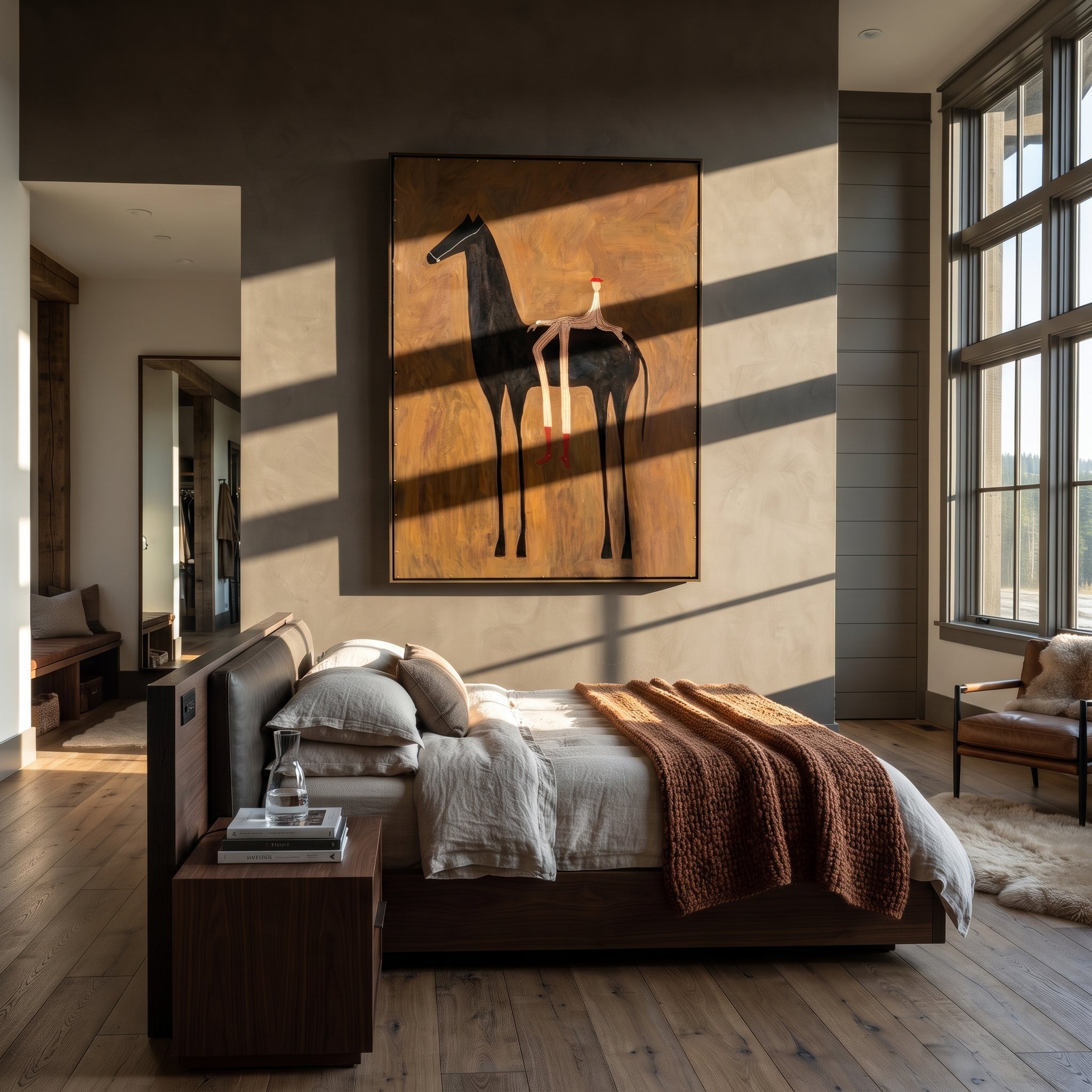 Long Legs Rest Midnight - reclining rider horse painting by Isabelle Laurent, modern Western vertical wall art – styled room scene view 5